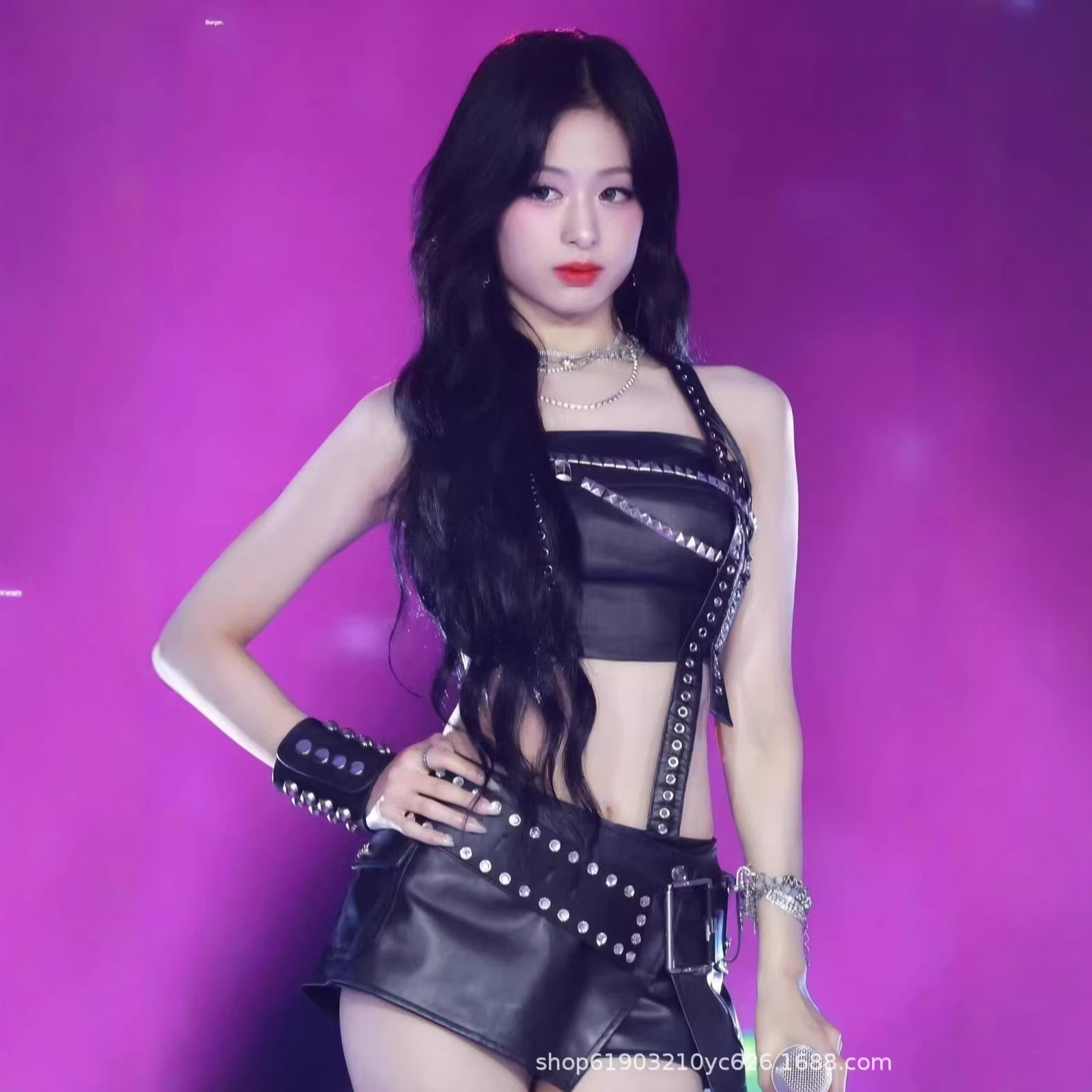 Zheng Yaxian's Same Style Black Leather Metal Outfit for Female Groups, Stage Performance Outfit, Sexy Hot Girl Style Dance Performance Outfit
