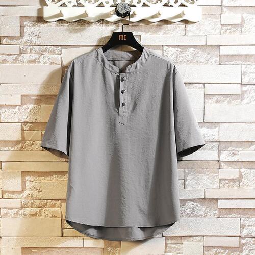 Men's Summer Thin Ice Silk Short Sleeve Shirt with Chinese Knot Button Tangzhuang Top Trend Brand Loose Half Sleeve Collared Shirt