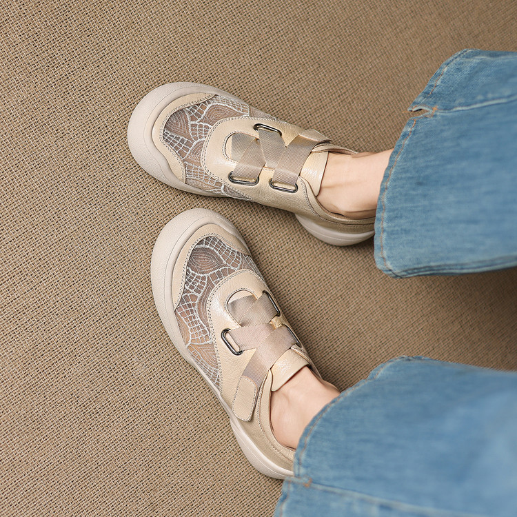 Giày sneaker nữ phối màu da thật lỗ thoáng khí đế bệt buộc dây kết hợp miếng dán — màu trắng ngà chi tiết 24