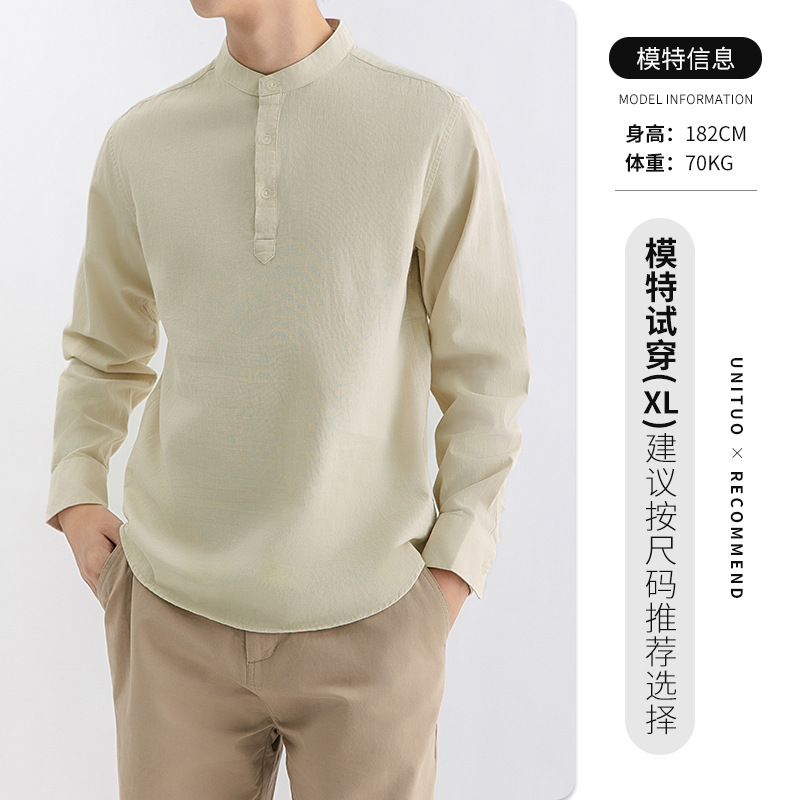 Nuevo estilo chino de hombre Waffle Henry camisa de cuello hombre sensación de alto cuello casual camisa de hombre de manga larga camiseta
