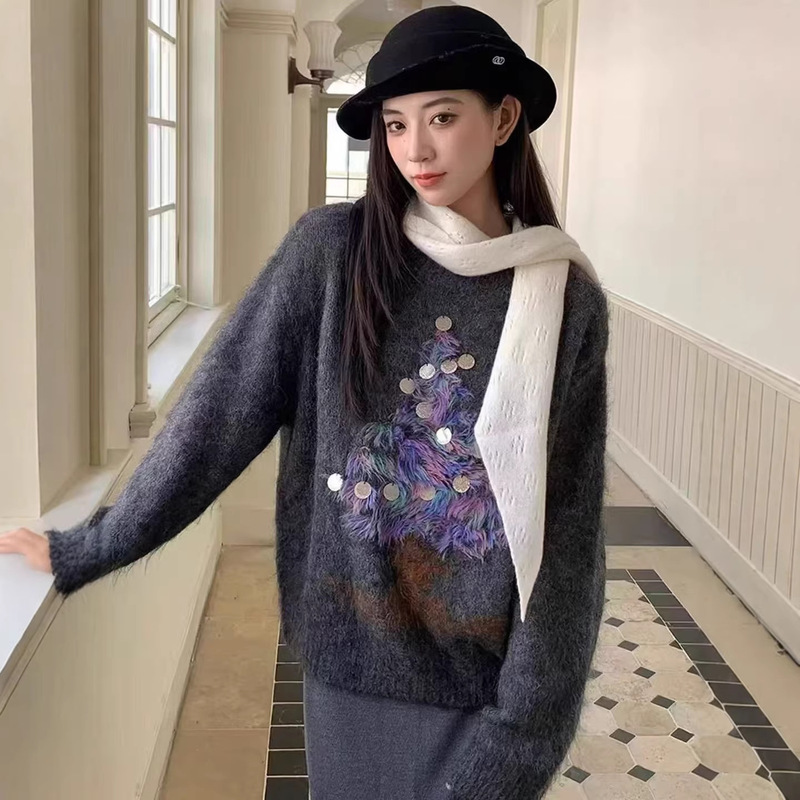 New Year Pony Christmas Tree Lazy Slimming Sweater for Women Winter Thick Satin-Dyed Sequin Suri Alpaca Knitwear