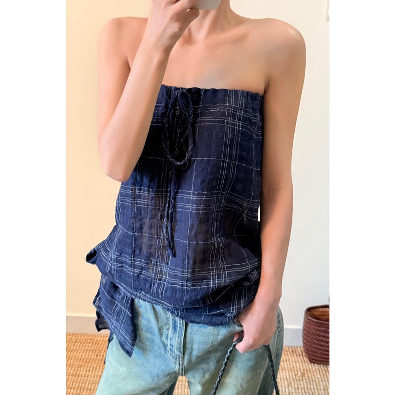 Plus Size American Retro Plaid Sleeveless Tube Top for Women, Summer Tie Slimming Hot Girl Style Slimming Top