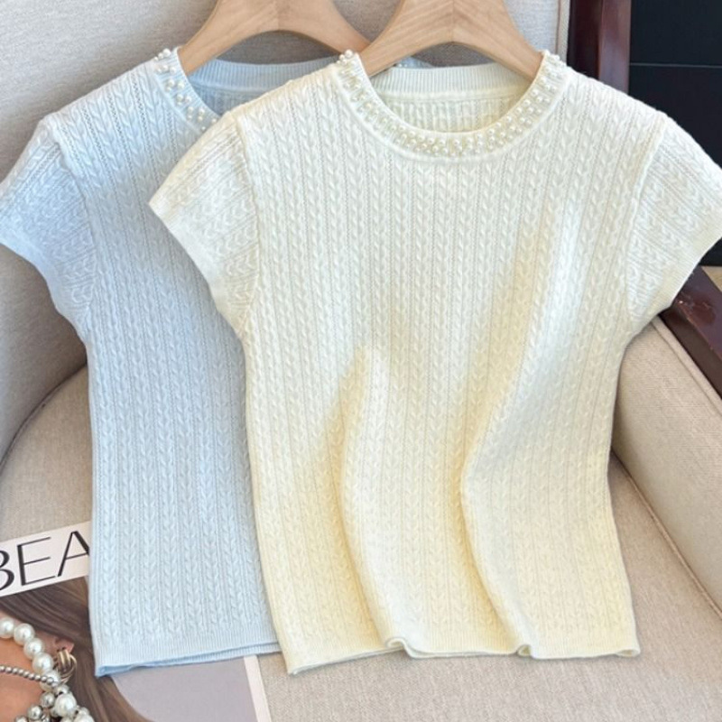 Heavy Beaded Threaded Knitwear Design Round Neck T-Shirt Summer Fashionable Short-Sleeved Top for Women