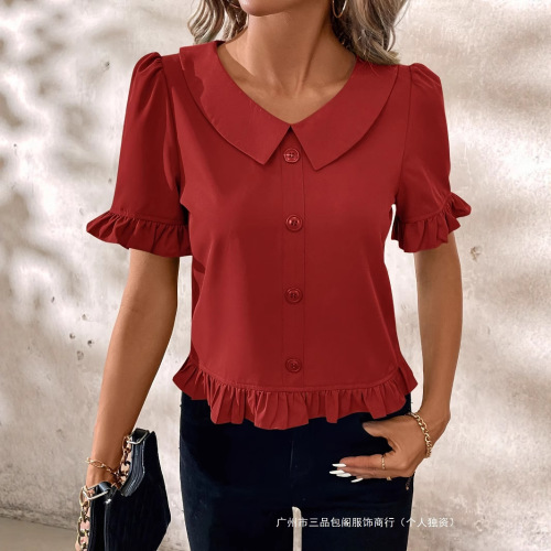Ladies' Summer Short-Sleeve Casual Shirt Red Round Neck with Lotus Edge Cuff Button Top