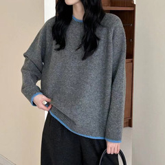 设计感后背贴布圆领拼色边毛衣针织衫女秋冬宽松软糯温柔风上衣潮