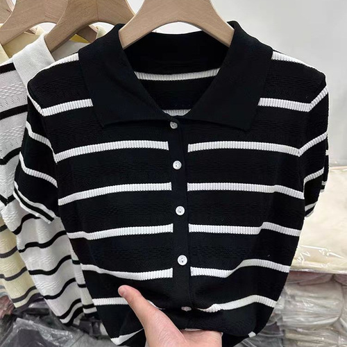 POLO Striped Short-Sleeve T-shirt for Women - Summer New Ice Silk Knit Cardigan, Commuter Short-Sleeve Top