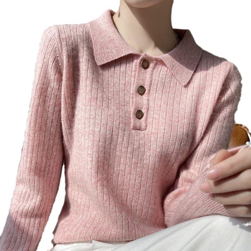 【 Cashmere Family】 Maglione corto in lana con collo polo, stile femminile, con strato interno lavorato a maglia, autunno/inverno_voghion.com