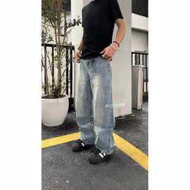 蓝色牛仔裤男款水洗磨白做旧潮流街头百搭闪电纹宽松直筒休闲长裤