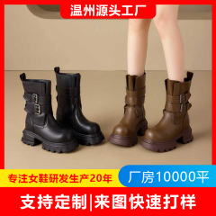 跨境专供高筒骑士靴女2025秋新款皮带扣西部牛仔靴洋气百搭时装靴