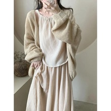 禅意风女装春季2025新款慵懒风毛衣外套挂脖吊带背心半身裙三件套