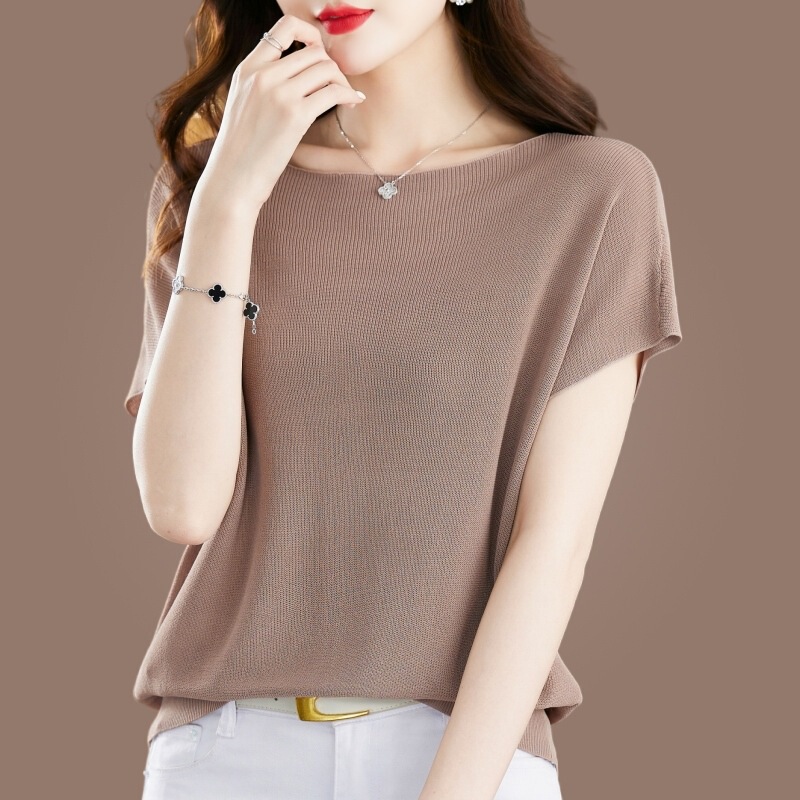 [Cool Summer] 2025 Summer New Round Neck Short-sleeved T-shirt Women's Thin Fashionable Joker Knitted Top