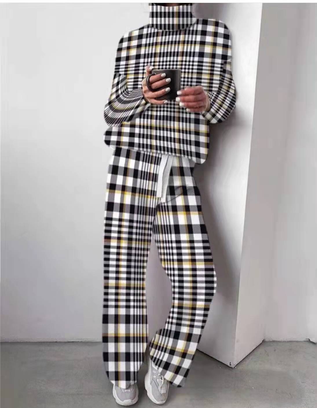 Abbigliamento da donna, nuova moda, stampa, pantaloni larghi a collo alto, completo due pezzi_voghion.com