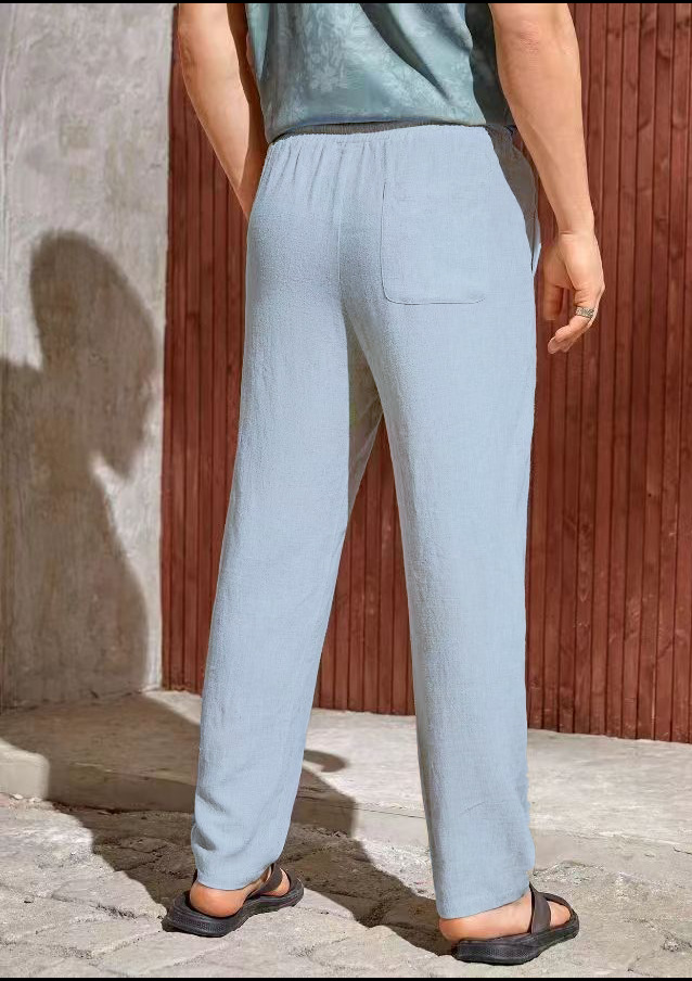 Men's Casual Cotton-linen Drawstring Trousers Breathable Fit_voghion.com