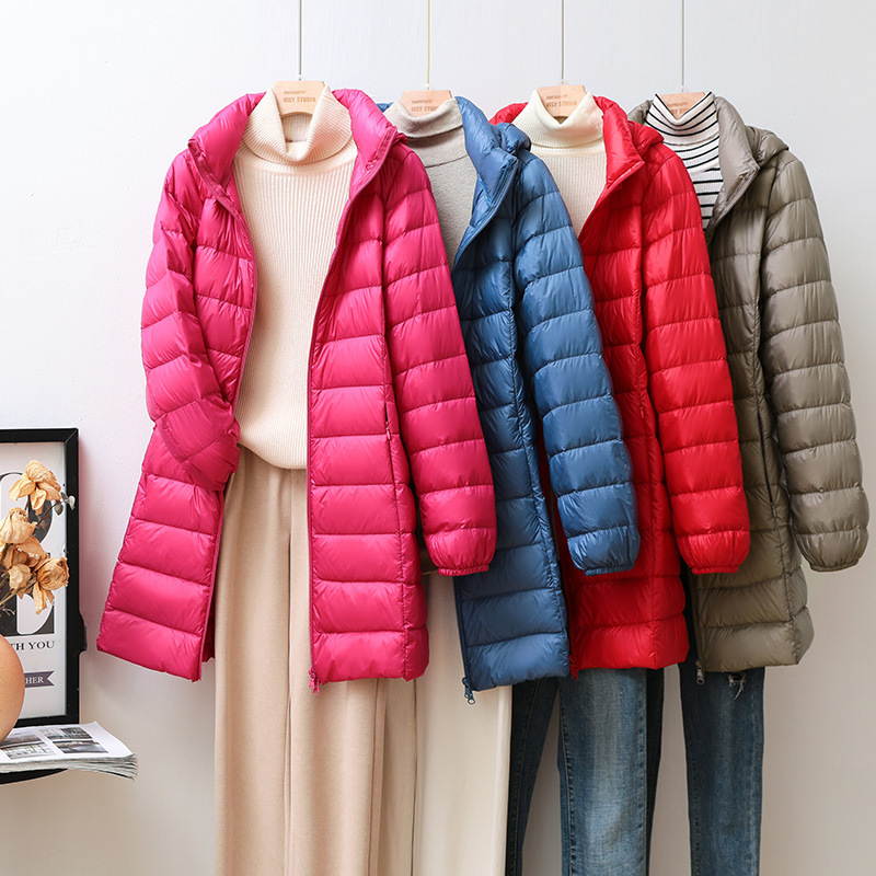 Hat Removable Autumn and Winter New Lightweight down Jacket Women's Mid-Length Korean Hooded Lightweight Outwear Large Size Off-Season