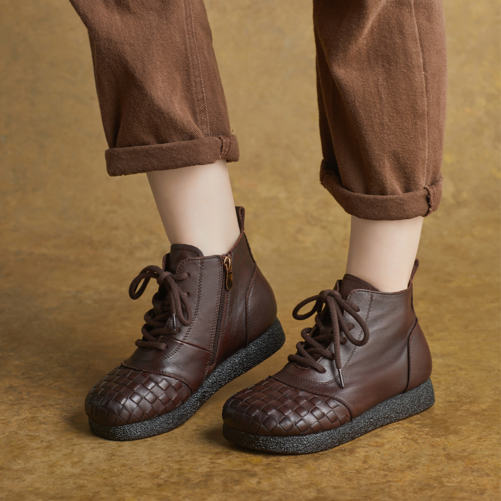Woven Boots 2025 Autumn and Winter Thick-Soled Retro Genuine Leather Round-Toe Hand-Woven Flats-Heeled Short Boots High-Top Shoes Single Boots