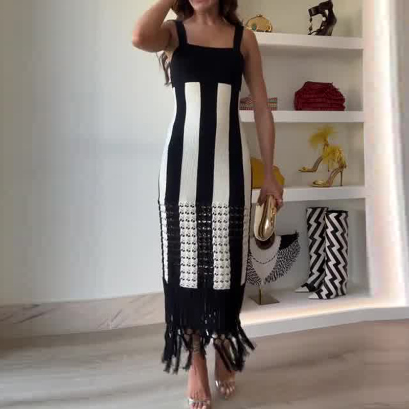 Women's Clothing Women's Fashion Contrast Elastic Slim Long Suspender Dress_mkmklike.com