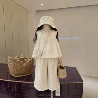 女童舒适棉麻套装2025夏宝宝蕾丝刺绣无袖背心上衣花边直筒阔腿裤