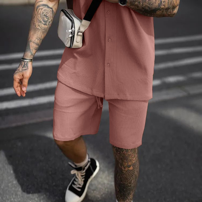 Cotton Blend Fabric Type Shorts Sets Sets Type 2 Pieces Set Quantity Men's Solid Color Casual Turndown Short Sleeve Loose Men's Sets