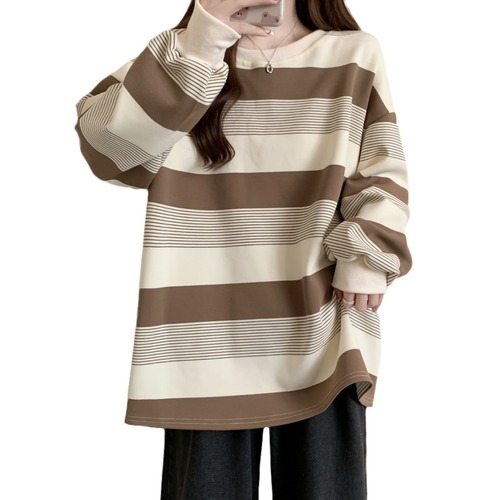 New Autumn Slimming Fat Mm Stomach Covering Loose Student Top American Retro Striped Thin Sweatshirt Women's Style