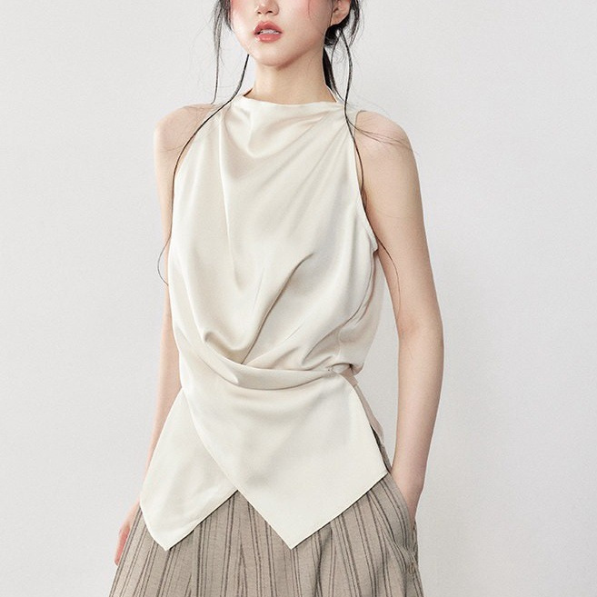 Elegant Sleeveless Top with Cross-Tie Waist Design, New Summer Style Slimming T-Shirt