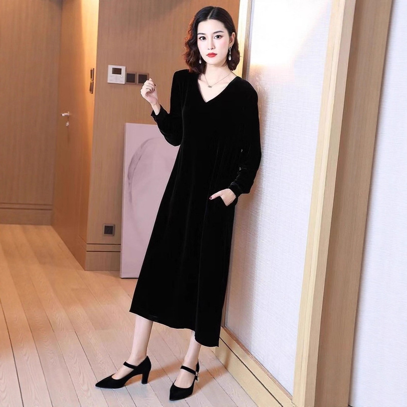 Cross-Border Southeast Asia Export Gold Velvet V-Neck Autum Dress Elegant Mother Black Long-Sleeved Skirt Fat Girl