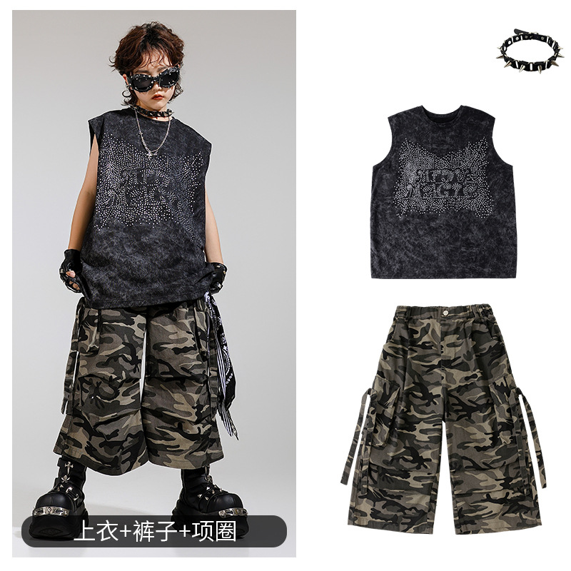 Disfraz de niño de baile callejero para niños, traje de chaleco sin mangas de diamantes calientes para niños guapos