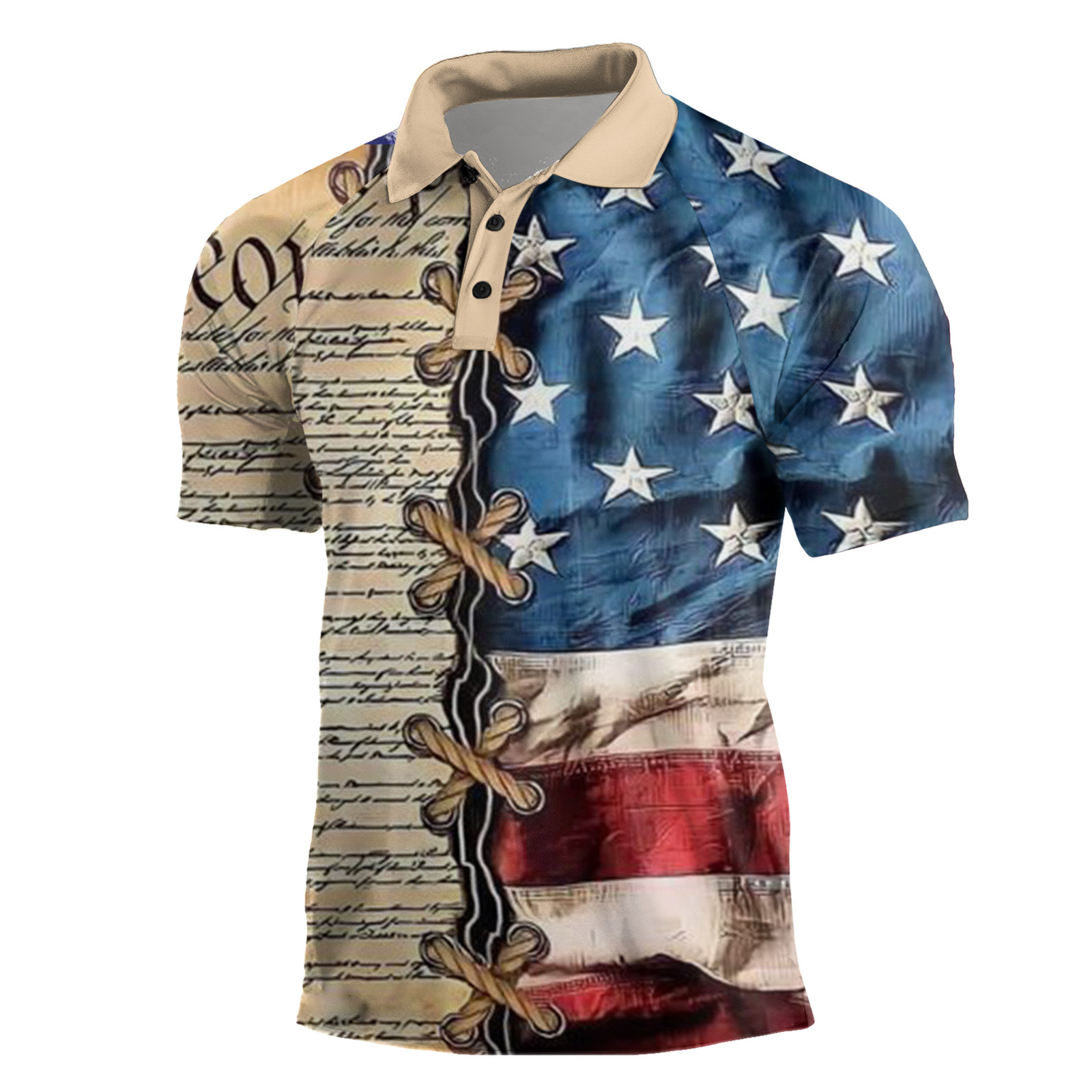 Cross-border Europa y América 2023 nuevos hombres casuales de manga corta Henry Independence Day Elements Camisa POLO raglán de tres botones para hombres