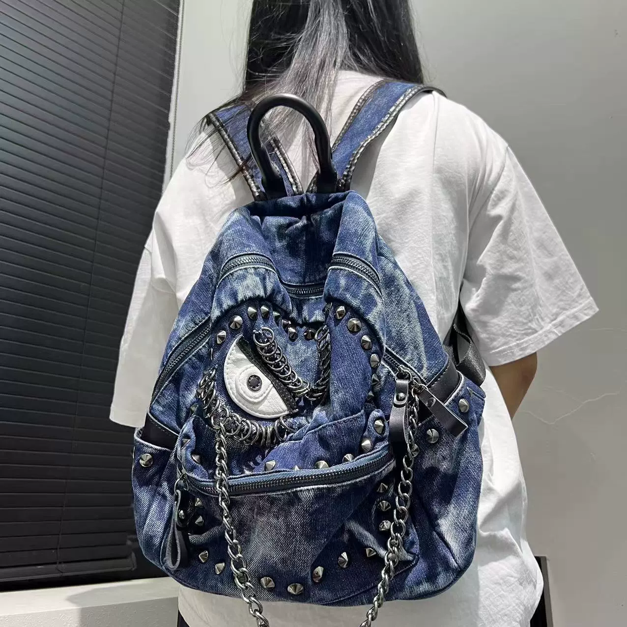 Backpack, retro chain punk shoulder bag, capacious one-shoulder style, 44×22×7 cm