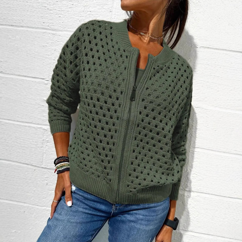 2025 new Amazon independent station Europe and the United States cross-border women's casual fashion hollow sweater zipper jacket clip