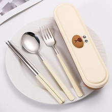 304不锈钢筷子叉勺套装 卡通便携式盒三件套收纳盒餐具学生户外
