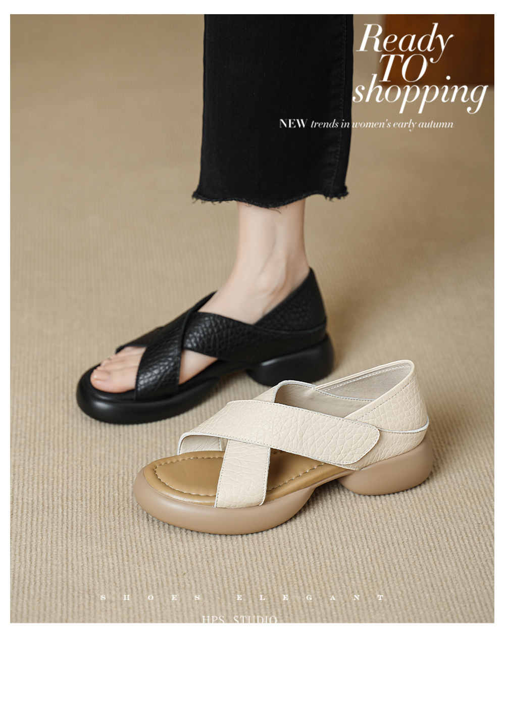 Sandal nữ hở mũi đế dày 4 cm da cừu quai ngang khóa — đen chi tiết 3