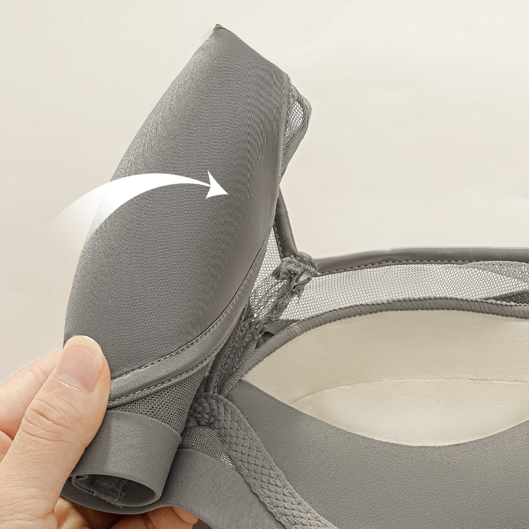 6626 Ropa interior para mujer Taza gruesa de color medio, hilo de red satinado brillante, taza de seda de morera, sujetador ajustable sin anillo de acero