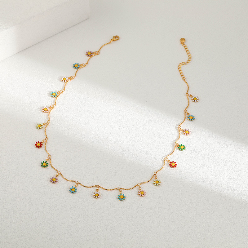 Flower Pattern Alloy Copper 18K Gold Plated Enamel Flower Necklace