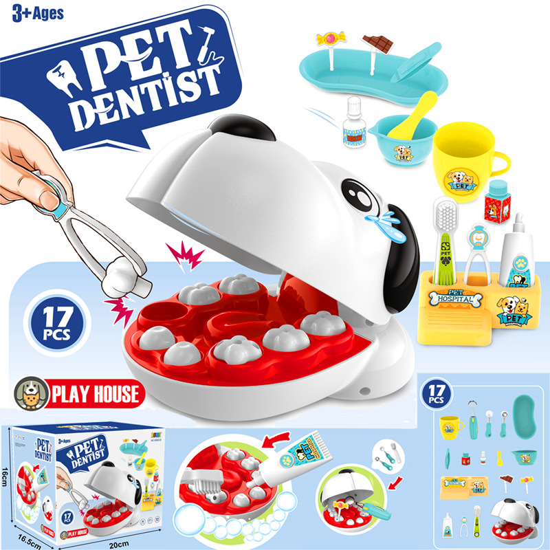 Niños transfronterizos juegan casa médico simulación de juguete perro extracción de dientes y llenado de dientes mascota dentista cuidado traje de juguete