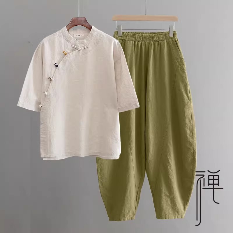 Summer Short-Sleeve Cotton-Linen Oblique Button Zen Buddhist Plain Outfit Set for Women Summer Short-Sleeve Cotton-Linen Oblique Button Zen Buddhist Plain Outfit Set for Women