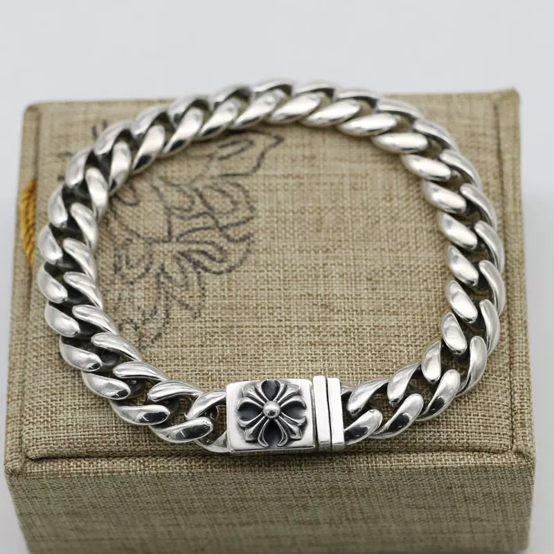 潮人韩版s925纯银朋克风男女帅气手环 简约十字花光面马鞭链手链