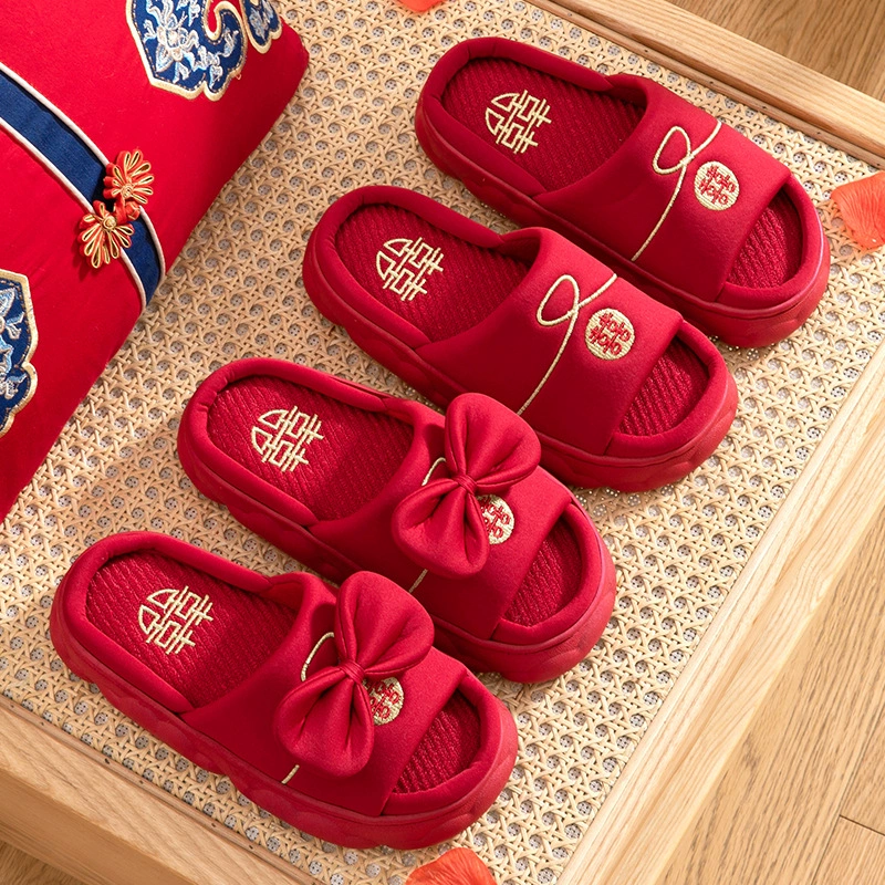 Новобрачные новые свадебные тапочки Праздничные красные свадебные тапочки для пар, сопровождающие пару домашних свадебных тапочек из льна