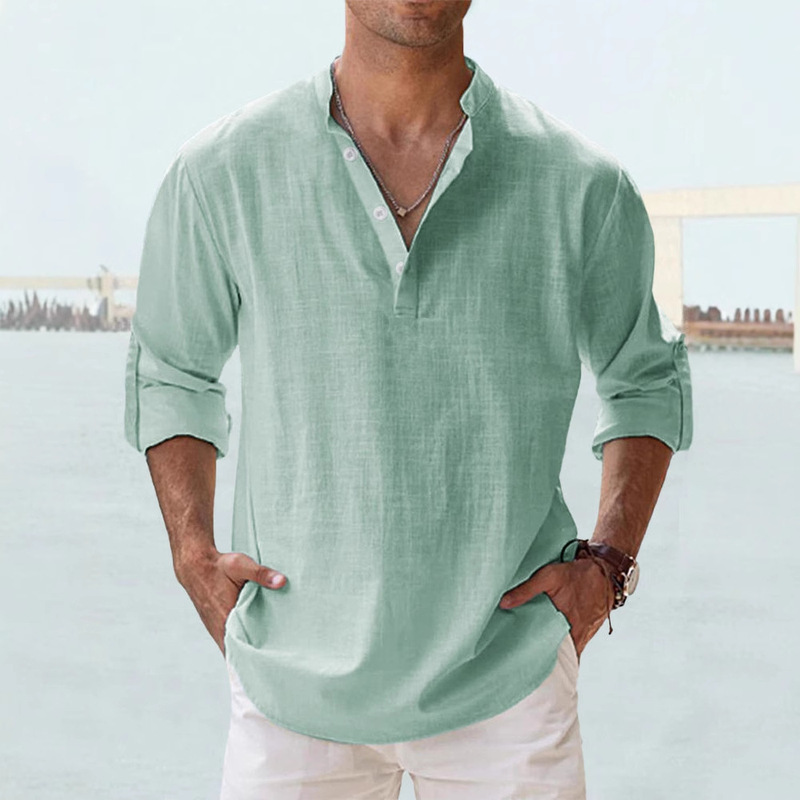 2023 Cross-Border Men's Pure Cotton Stand-Up Collar Long-Sleeve T-Shirt Loose Undershirt Solid Color Long-Sleeve Cotton Shirt for Men