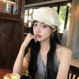 春夏季报童帽鸭舌帽女透气日系条纹褶皱贝雷帽画家帽文艺复古帽子