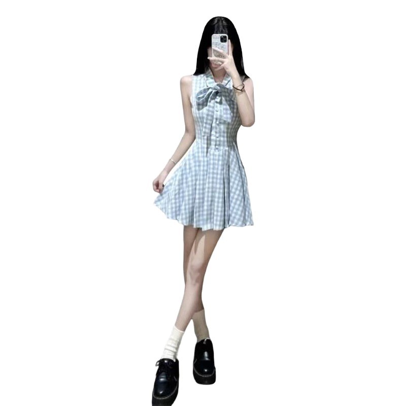 2025年夏新作小柄フレンチスイートプリーツスカートブルーノースリーブホルターネックチェック柄ドレス婦人服|undefined