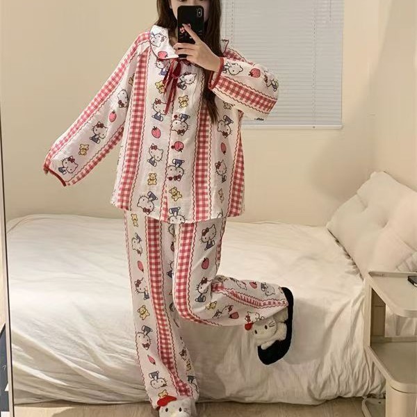 甜美Kitty猫睡衣女春秋季长袖长裤开衫两件套美少女可外穿家居服|undefined