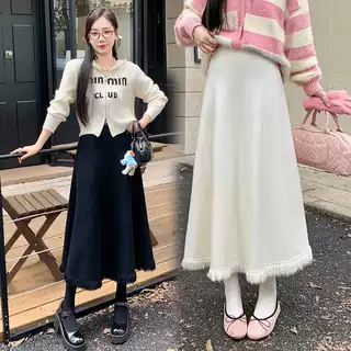 现货~流苏针织半身裙2024秋冬新款松紧腰垂感大摆伞裙高腰中长裙