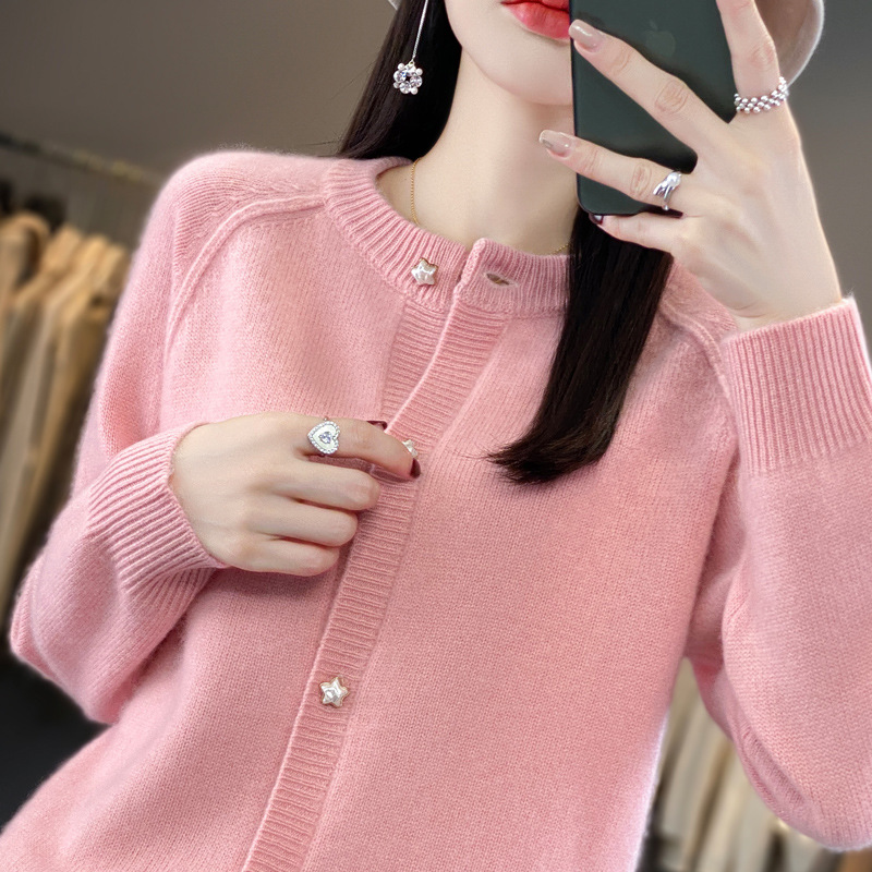 七针加厚羊毛开衫女秋冬新款宽松显瘦针织长袖纯色羊毛毛衣外套