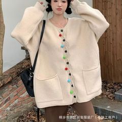 大码毛衣外套女多巴胺色秋冬新款复古超厚韩系宽松慵懒风针织开衫