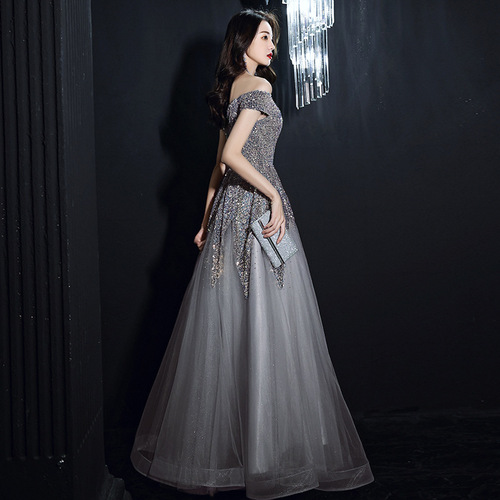 Silver pink sequins evening dress female temperament party socialite sequins word shoulder long dress is the annual meeting of the host singers color piano dress