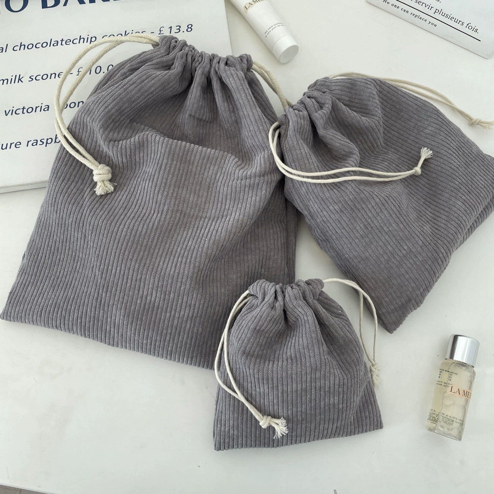 Corduroy Cosmetic Drawstring Bag Set, Handheld 3-Piece Kit — Small/Medium/Large
