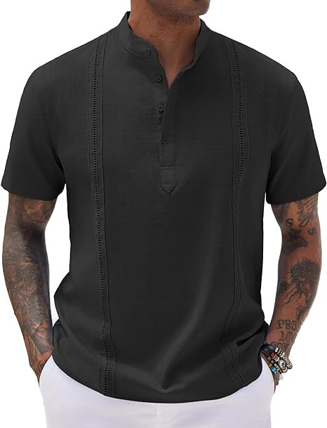 Camisa de lino y algodón para hombre con cuello mao playa_voghion.com