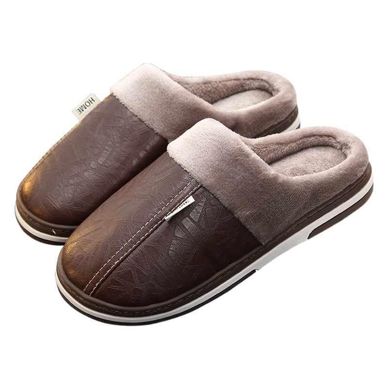 Cotton Slippers Large Size Winter Waterproof Home Lovers Indoor Non-Slip Warm Men's Outdoor Women's Soft Bottom Pu Leather Slippers
