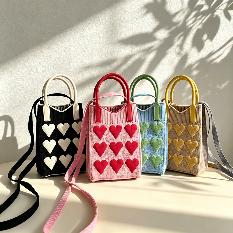 Knitted small square bag for women, Korean style, lightweight, can be used as a phone bag, shoulder bag, crossbody bag, or handbag – a versatile, heart-shaped knitted bag Knitted small square bag for women, Korean style, lightweight, can be used as a phone bag, shoulder bag, crossbody bag, or handbag – a versatile, heart-shaped knitted bag