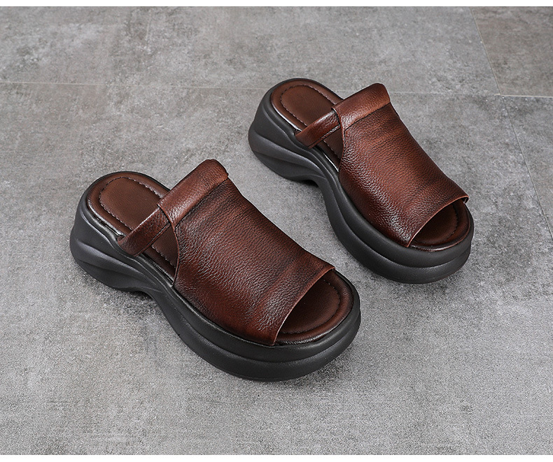 Dép sandal nữ quai ngang da bò thật đế mềm đi biển phong cách cổ điển — Màu nâu chi tiết 14